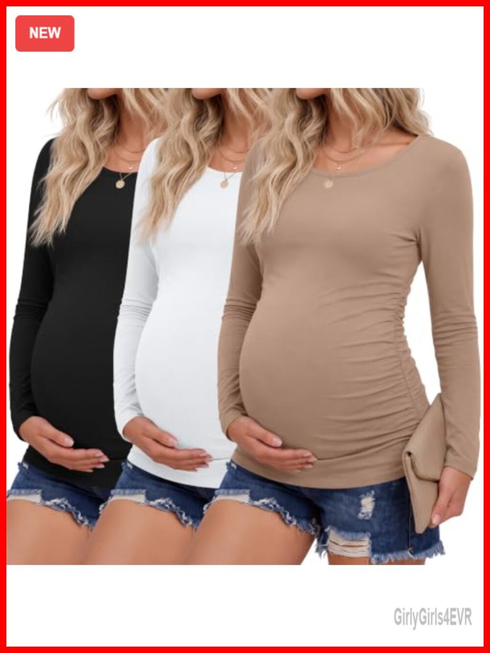 3 Pack Maternity Long Sleeve Crew Neck Ruched T-Shirts Pregnancy Tops